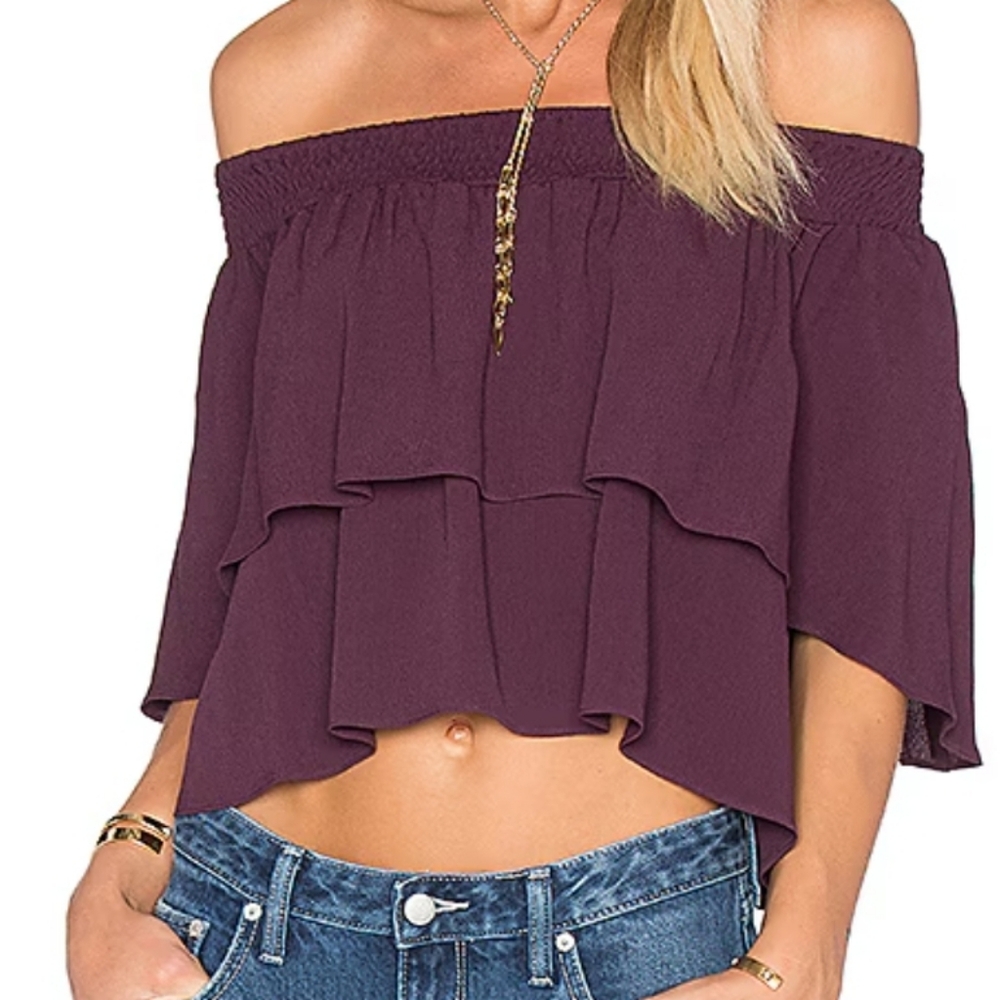 Flynn Skye Burgundy Cropped Off-Shoulder Romantic Ruffle Blouse NWT